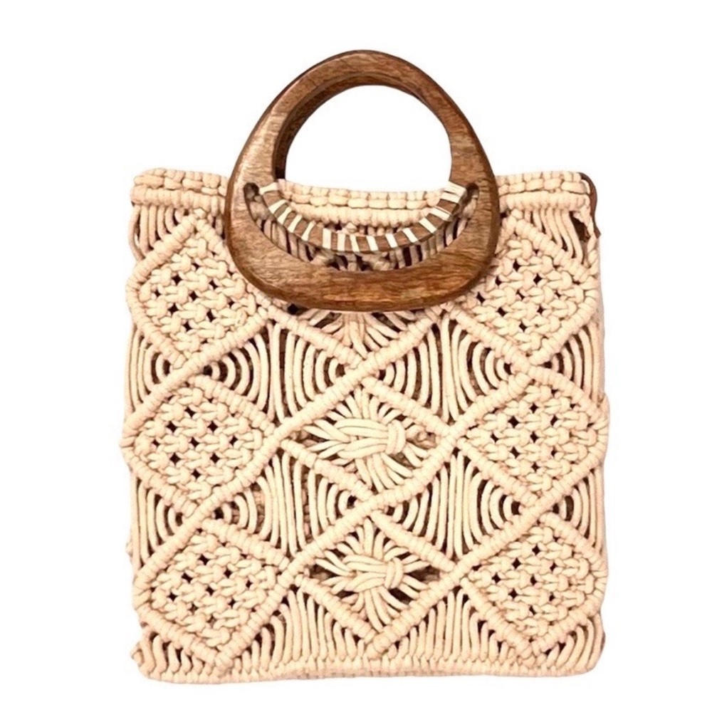 🆕 New Anthro Macrame & Wooden Bag - Picture 2 of 6